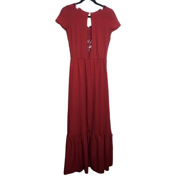 Dress The Population Red Flowy Long Maxi Dress Short Sleeve Lace Sz XS Women's - Picture 2 of 6